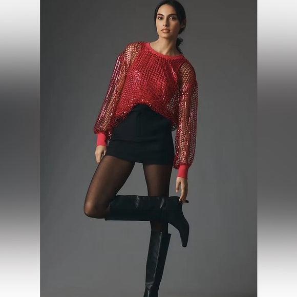 New Anthropologie Pilcro Long-Sleeve Sequin Top Raspberry S NWT - Picture 3 of 12